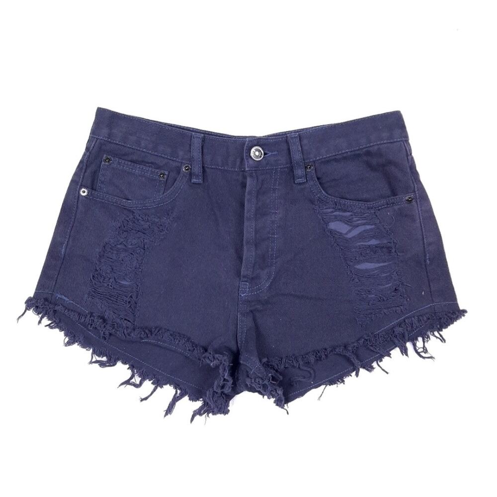 Brandy Melville Women's Shorts Size 28 Navy Blue Raw Hem Button Fly Distressed